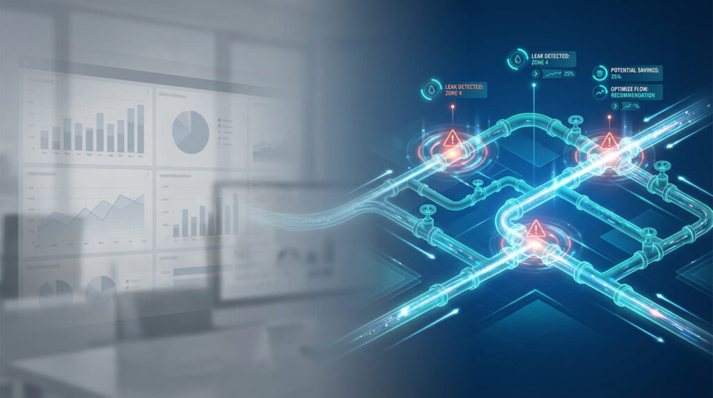 Comparison of traditional water utility dashboards versus insight-driven analytics platforms showing the shift from data visualization to actionable NRW reduction insights