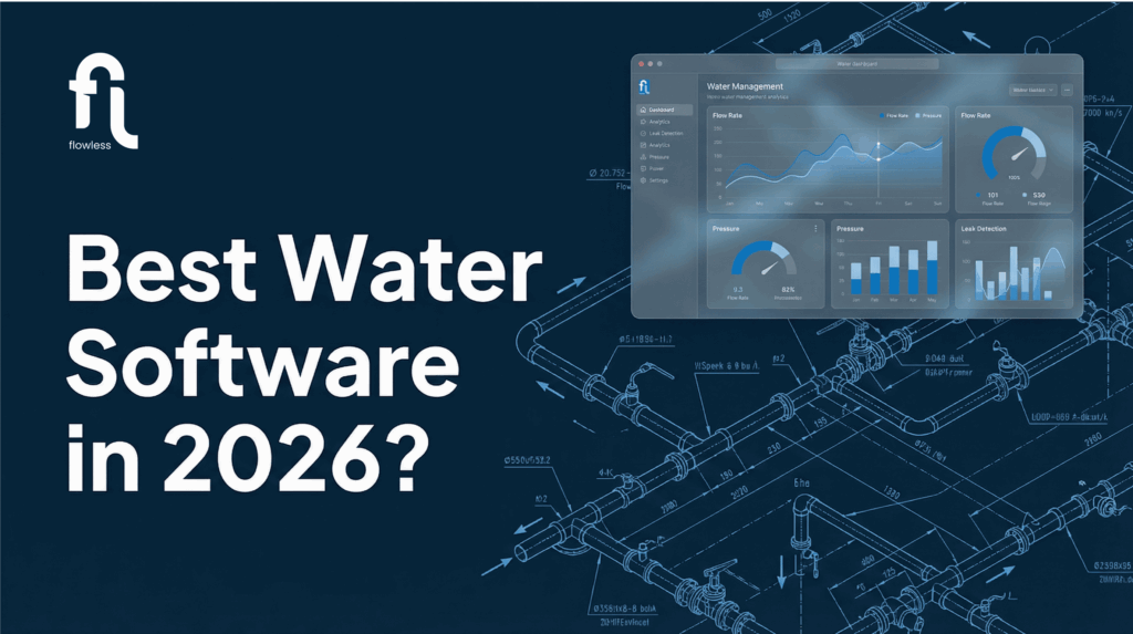 Diagram showing three categories of NRW management software platforms with evaluation criteria for water utilities